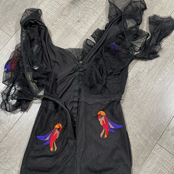 House of Harlow 1960 X REVOLVE Black DRESS ruched Embroidered birds Size XS - Picture 5 of 6